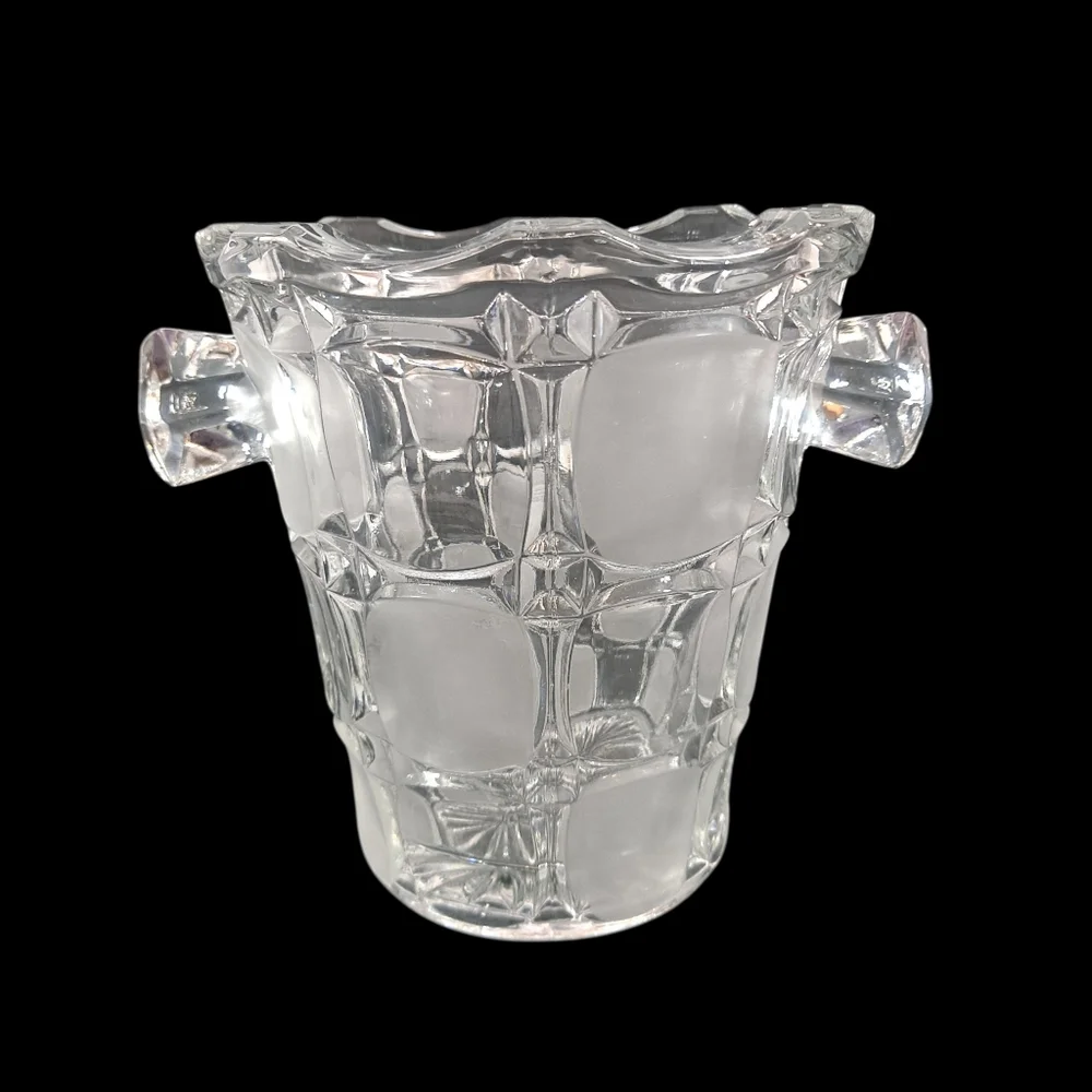Vintage Bohemian Czech Crystal Ice Bucket With Handles Clear Glass Frosted